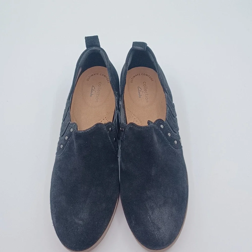 Clarks Collection Loafers Womens 9.5‎ Black Suede Studded Slip On Shoes NEW